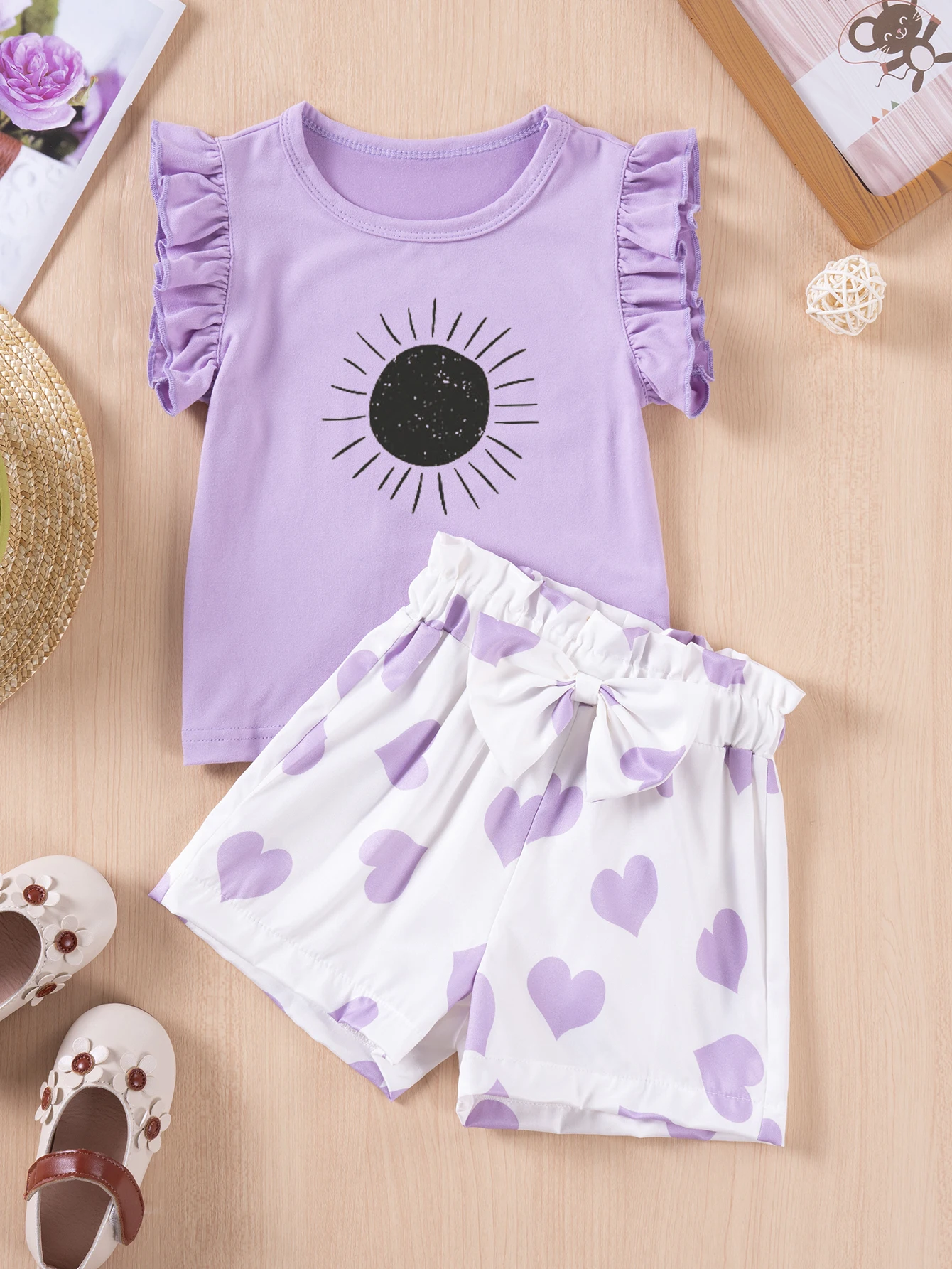 Toddler Girl's Plain Cap Sleeve Top & Heart Print Bow Decor Shorts Two-piece Set, Summer Cute Casual Round Neck Top & Short