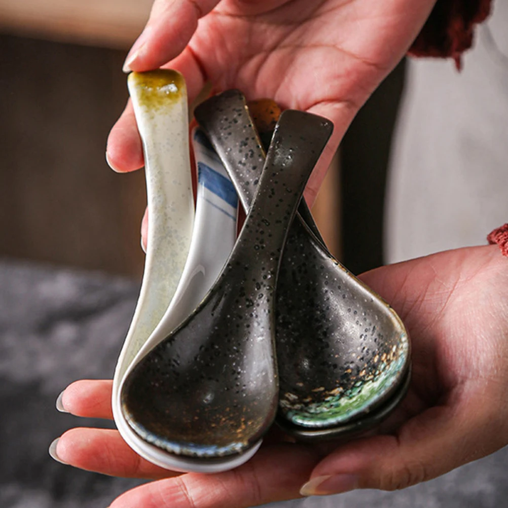 

6Pcs Ceramic Soup Spoons Long Lasting Sturdy Scratch Resistant Elegant Design Ice Cream Ramen Dessert Home Kitchen Tools