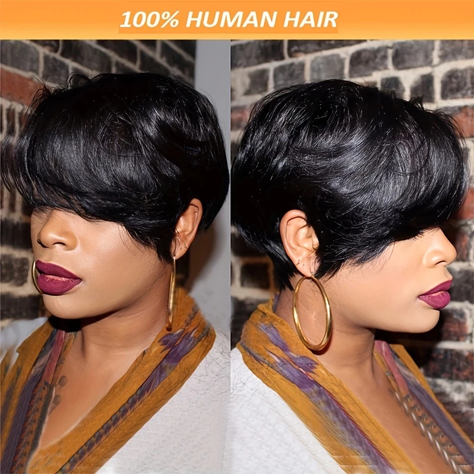 짧은 픽시컷 곱슬머리 밥머리 인모 기계식 가발 (여성용 앞머리 포함)