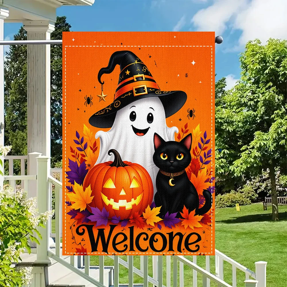1pc Halloween Cute Ghost and Black Cat Garden Flag, double sided print, perfect for patio and outdoor holiday decorations (pole