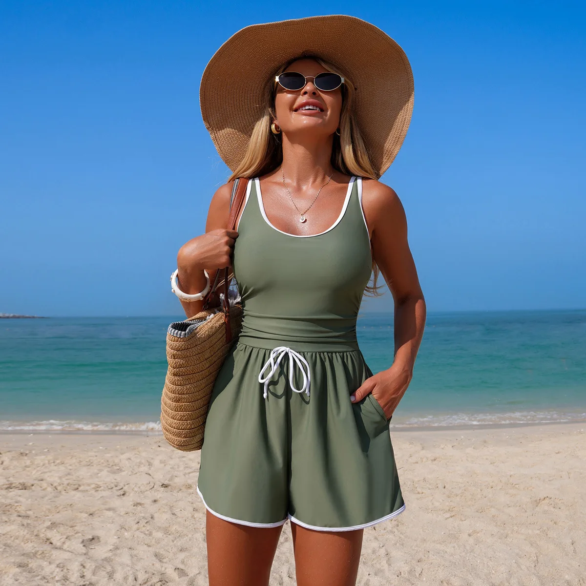 Women's One Piece Swim Romper Contrast Trim Drawstring Waist with Pockets Tummy Control Casual Bathing Suit for Beach Summer