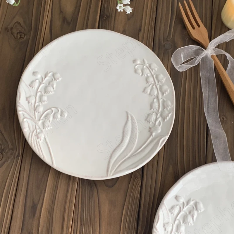 French Embossed Lily of The Valley Dinner Plate European Classical White Cake Dessert Plates Afternoon Tea Bread Dish Tableware