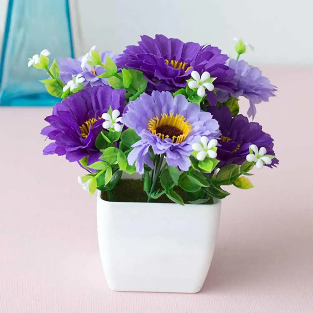 2022 Artificial Plants Potted Flower Bonsai Fake Chrysanthemum Flower Gypsophila Wood Pot Bonsai Home Garden Wedding Party Decor