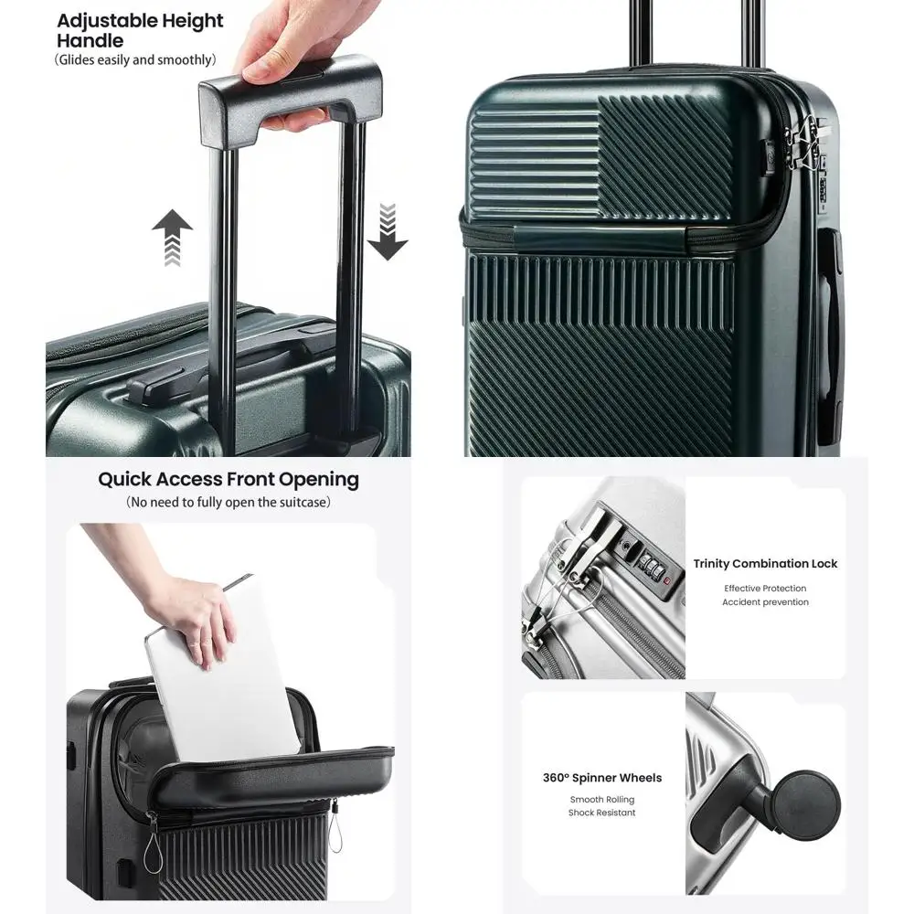 

20 Front-Opening Spinner Suitcase with USB, Cup Holder, ABS+PC, Dark Green