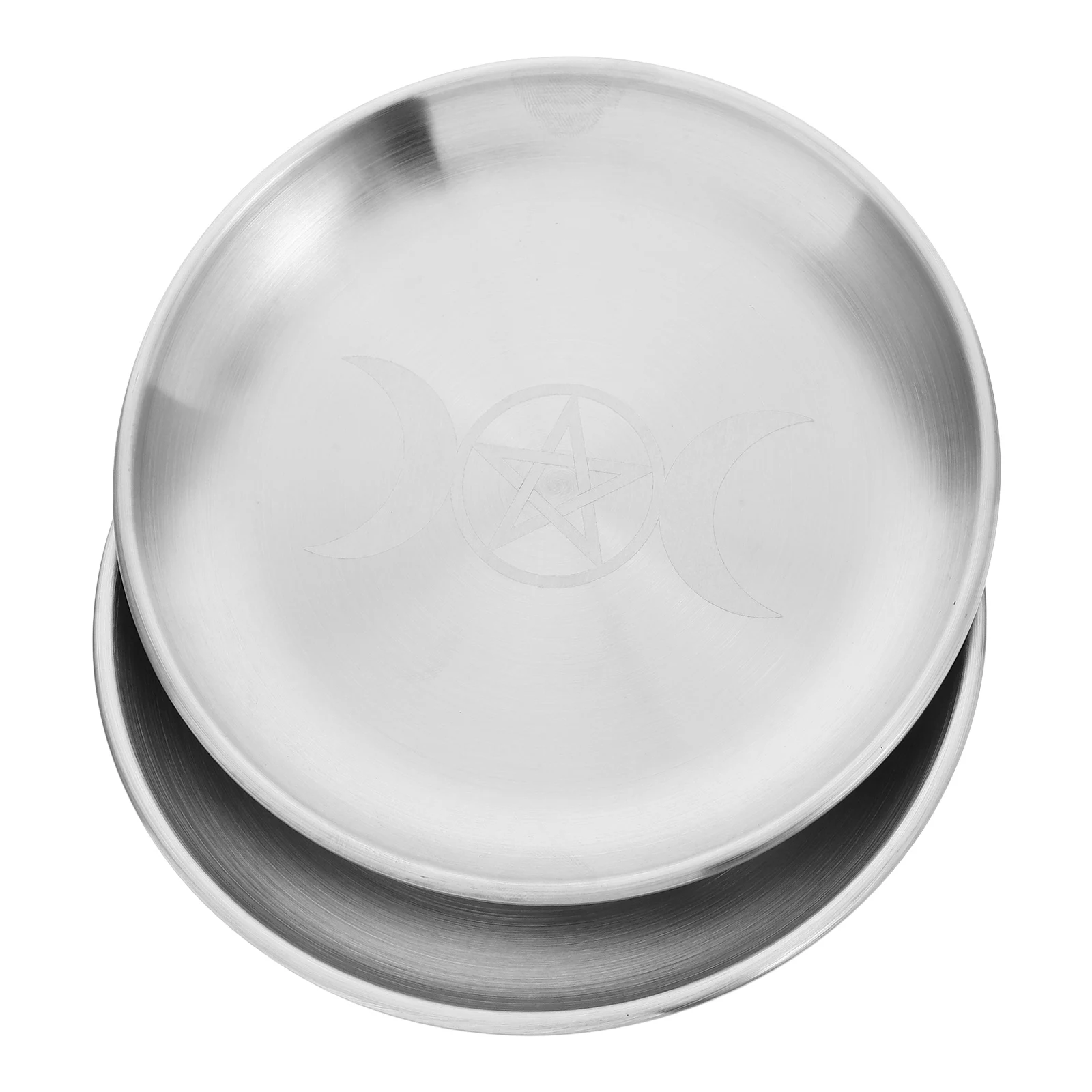 

2Pcs Pentagram Metal Jewelry Tray Silver Iron Flat Round Ritual Plate Dish Offering Bowl Prayer Tarot Ring Trinket