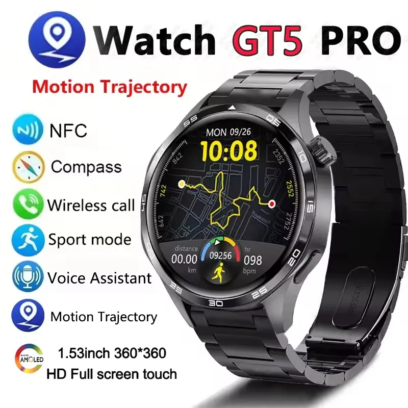 GT5 PRO Smart Watch Men Watch 5 Pro AMOLED HD Screen Bluetooth Call GPS Trajectory NFC Heart Rate Compass SmartWatches 2025 New