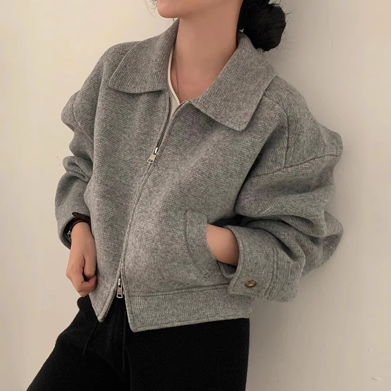 

Chic Vintage Simple Doll Collar Loose Casual ort Zipper Open Cardigan Coat for Women Commute Sle Other Material Ladies Ja...