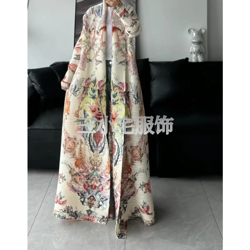 2024 Summer New Muslim Abaya Women\'s Fashion Luxury Printed Long Sleeve Fold Collar Extended Coat Elegant Robe Women