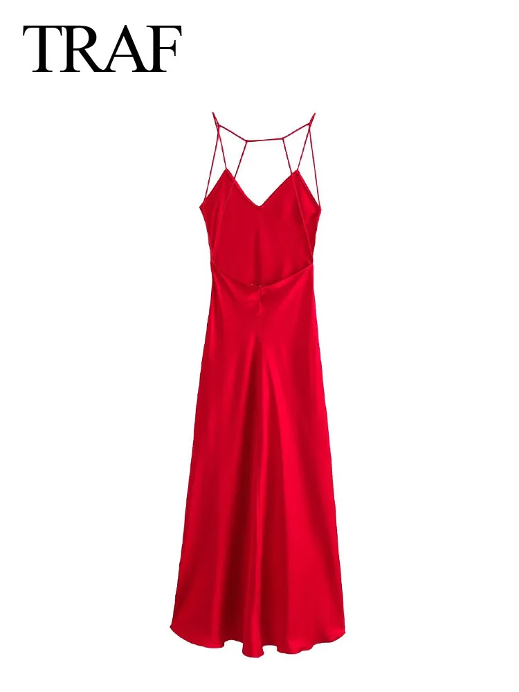 TRAF 2023 Women\'s Fashion Chic Long Dresses Solid Red V-Neck Sleeveless Backless Decorate Female Vintage Camisole Dresses