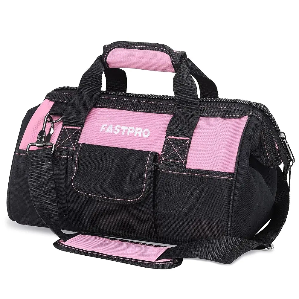 

14-Inch Pink Tool Bag For Women, Zip-Top Wide Mouth Open Tool Organizer, With Adjustable Shoulder Strap