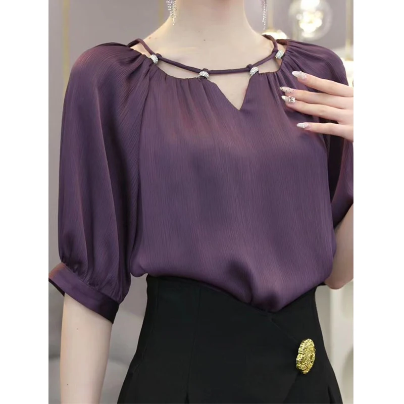 2024 Summer Women\'s Korean Fashion Hollow Elegant Blouse Office Lady V Neck Commute Casual Shirt Short Sleeve Purple Loose Tops