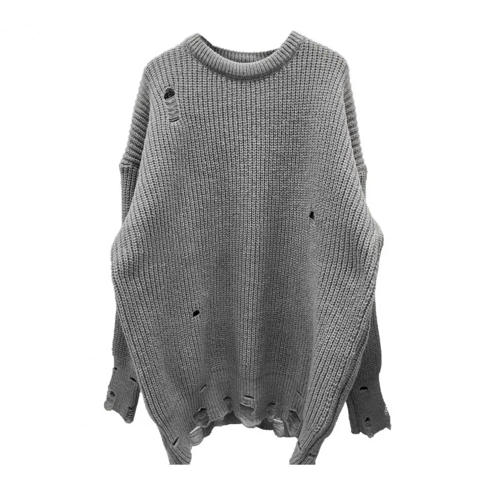 

﻿Autumn Winter Round Irregular Hole Knitted Sweater Women's Sweet Sle Long Sleeve Loose Fit Ripped Holes Mid-length Tops
