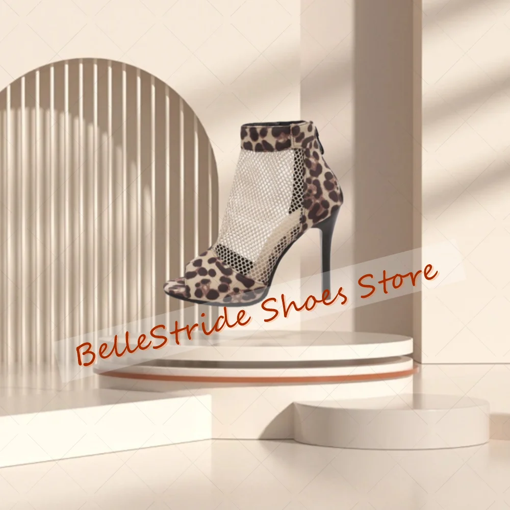 

Leopard Mesh Hollow Back Zipper Boots Open Toe Women Shoes Thin High Heels Fashionable Dinner Party 2025 Zapatos Para Mujeres