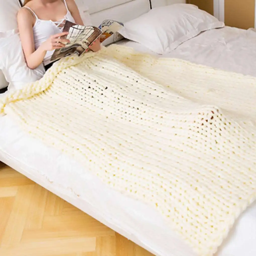 Cashmere-Like Knitted Throw Hand-Woven Large Comfortable Mat Coarse Wool Solid Color Sofa Blanket