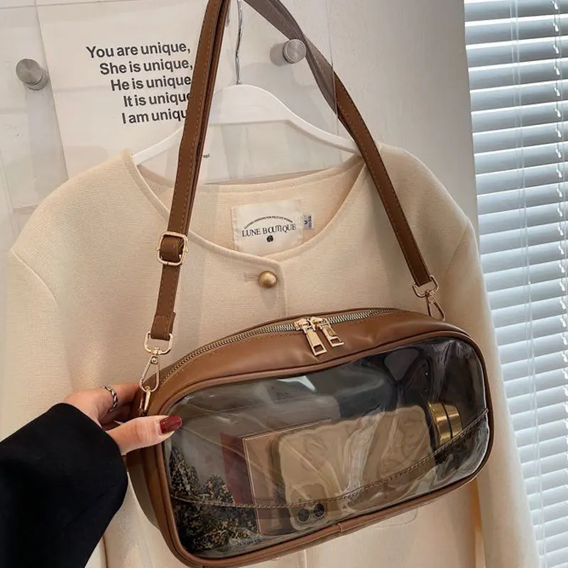 Bolso cruzado transparente de color caqui de estilo japonés para mujer, bolso de muñeca de un solo hombro