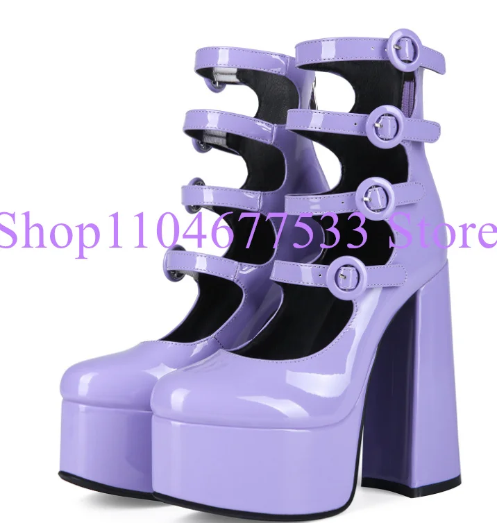

Purple Color Chunky Heel Lady Pumps Fashion Buckle Straps Woman Platform Shoes Female New Large Size Party Dress Sandals