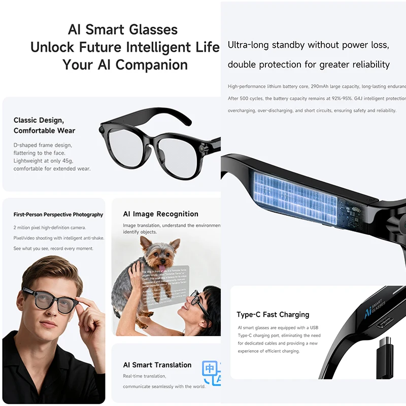 NEW AI Smart Glasses 200W HD Camera LED Light 290mAh Battery Meeting AI Translation Photo Recognition Video Record Smart Glasses