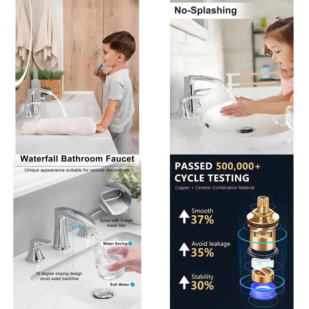 

8 Widespread 3-Hole Waterfall Bathroom Sink Faucet with Pop-Up Drain and Two Handles