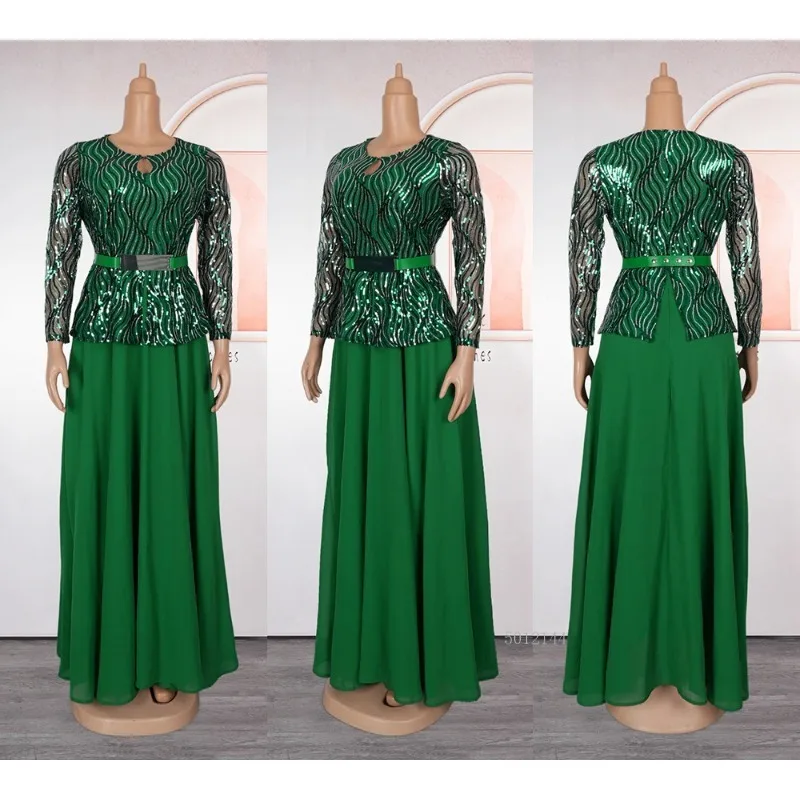 

Женское платье в африканском стиле больших размеров, зеленый топ с блестками и длинными рукавами, плиссированный пояс, платье макси для свадебных вечеринок