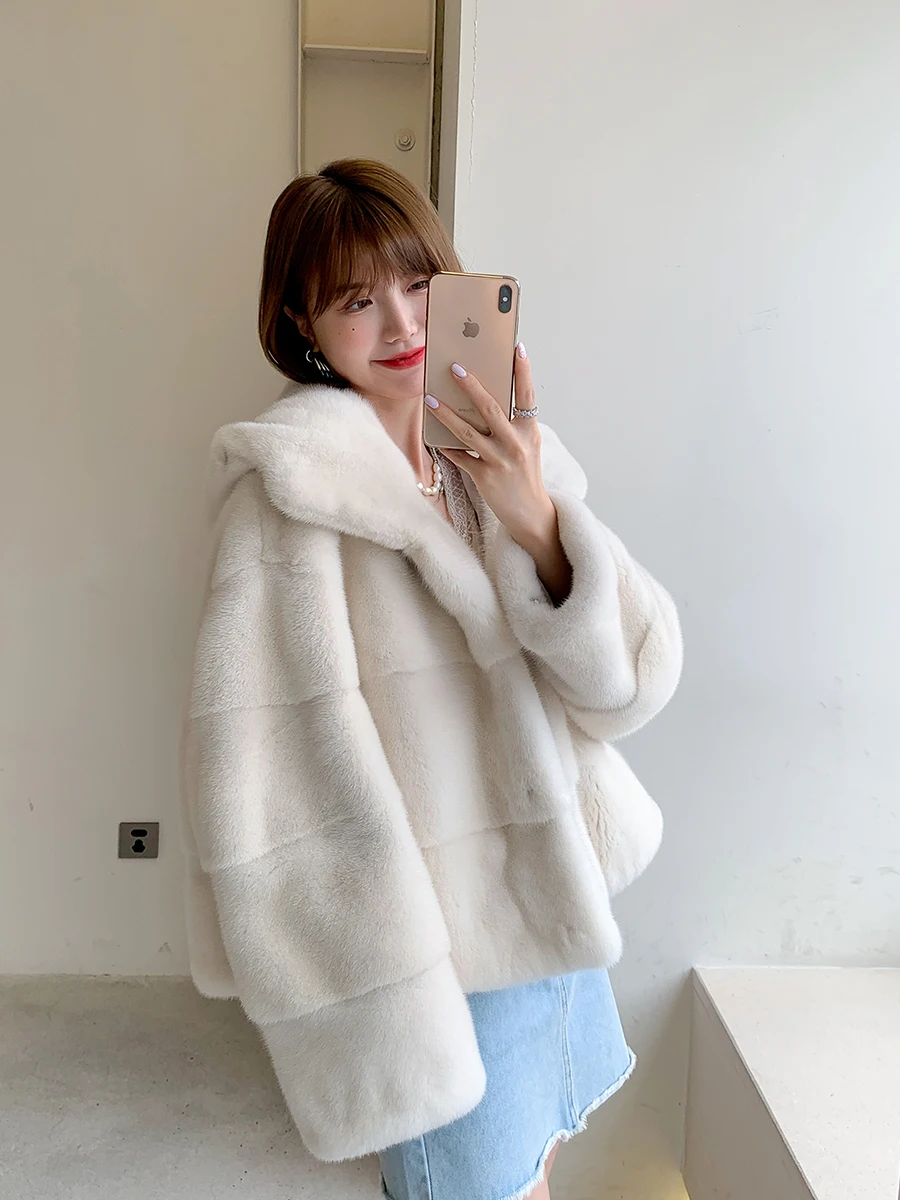 HDHOHR 2024 New Real Mink Fur Coat Women  Fashion High Grade Mink Coat Multiple Colour Real Mink fur Jackets Female With Big Hat