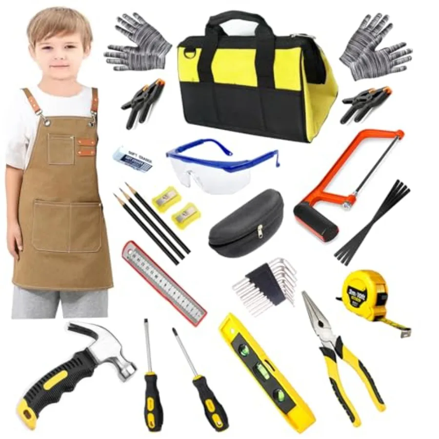 

Real Tools Set, Woodworking Tool Set, 38 Pieces with Tool Bag, Wood Workers Apron, Hand Saw, Construction Learning Gift
