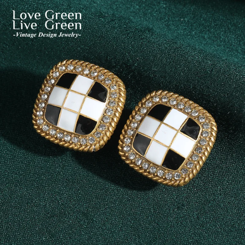 

Vintage Black White Pattern Square Earring Stud Rhinestone Antique Gold Color Women Luxury Quality Designer Jewelry Gift 2025