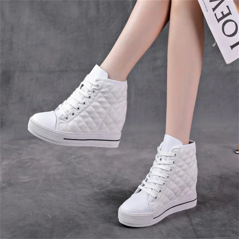 8cm Genuine Leather Women\'s White Shoes Platform Sneakers Spring autumn Fashion Women Black Increase Casual Vulcanized shoes 39