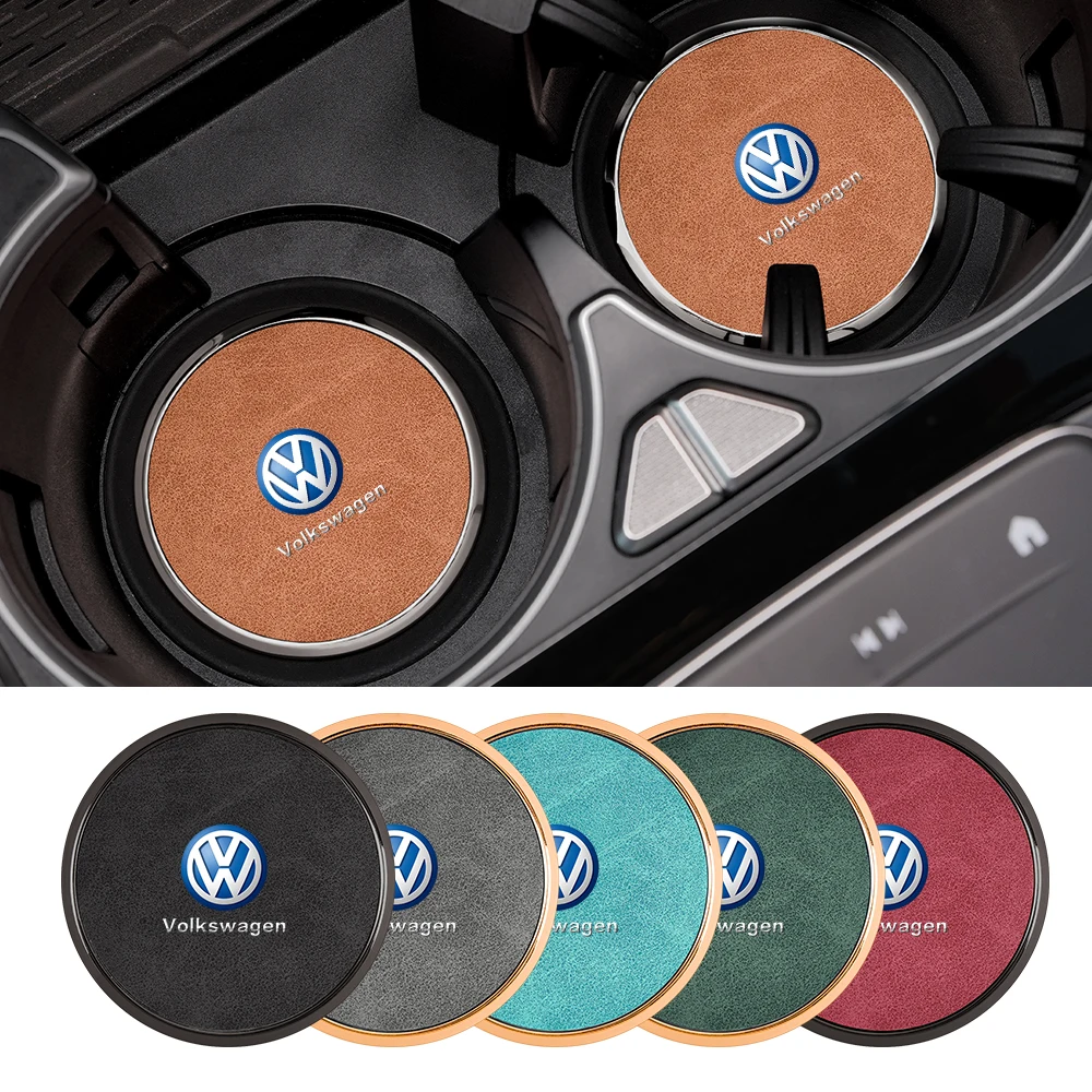 

Car Sticker Styling Mouldings 2Pcs Alloy Leather Car Coaster For Volkswagen GTI Golf Polo 6 7 Passat VW CC Tiguan T-ROC Water Cu