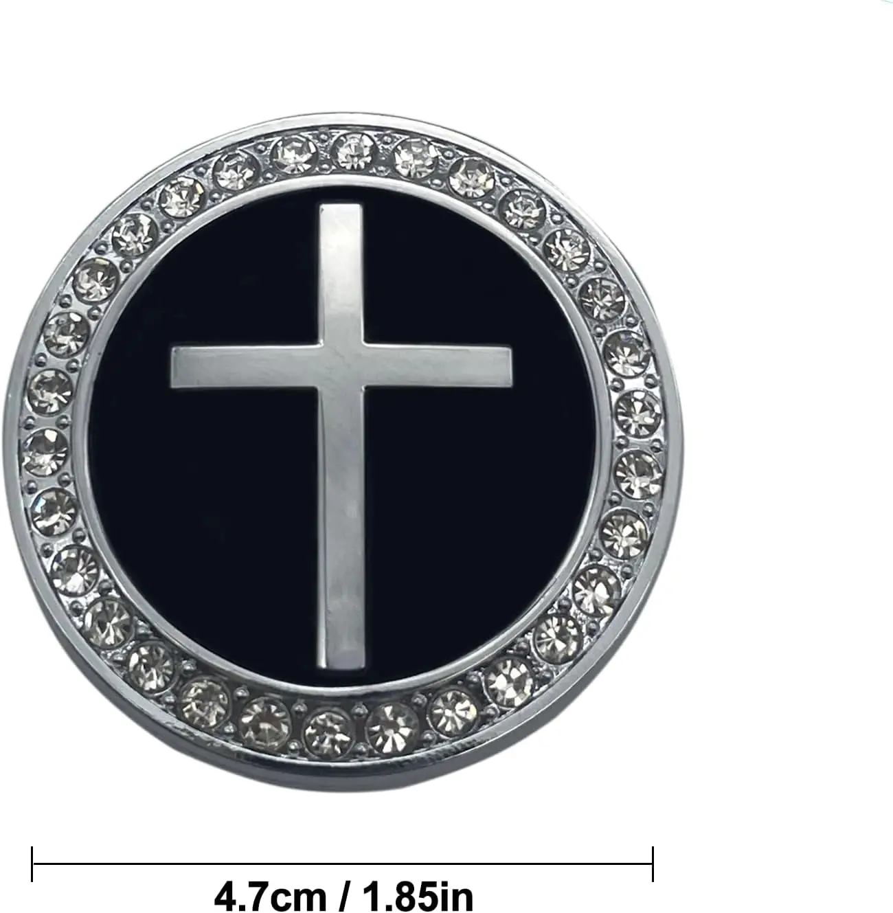Metal Christian Cross Sticker 3D Round Badge with Rhinestones,Auto Vehicle Jesus Emblem Decal for Car Body, Truck, Window, Door