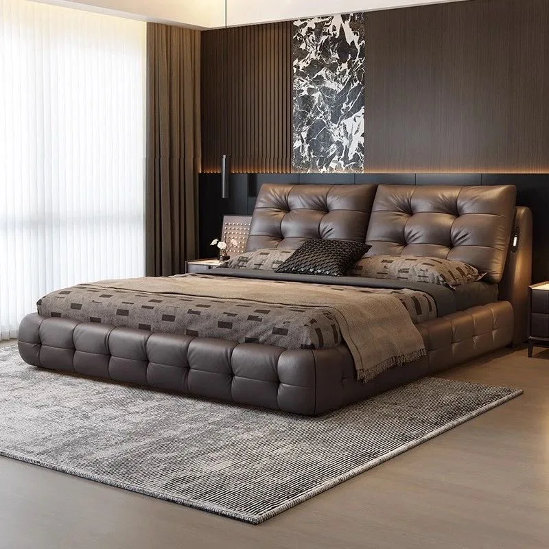 

Brown Minimalist Double Bed Luxury Decoration Modern Accessories Double Bed Storage Household Cama Twin Furniture For Home