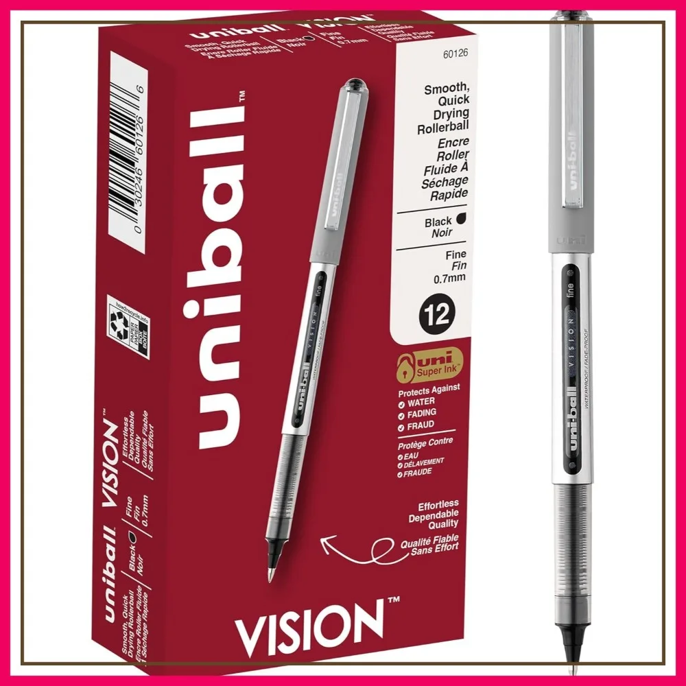 

Fine Point Rollerball Pens, 0.7 mm, Black Ink, 12-Pack, Gray Barrel