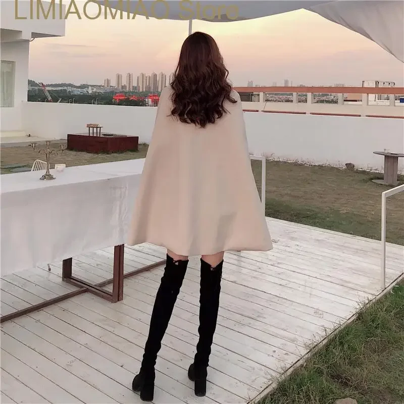 Autumn High Quality Woolen Cloth Shawl Cape Poncho With Belt Women Mid-length Korean Sleeveless Casual Ladies Cape Coats