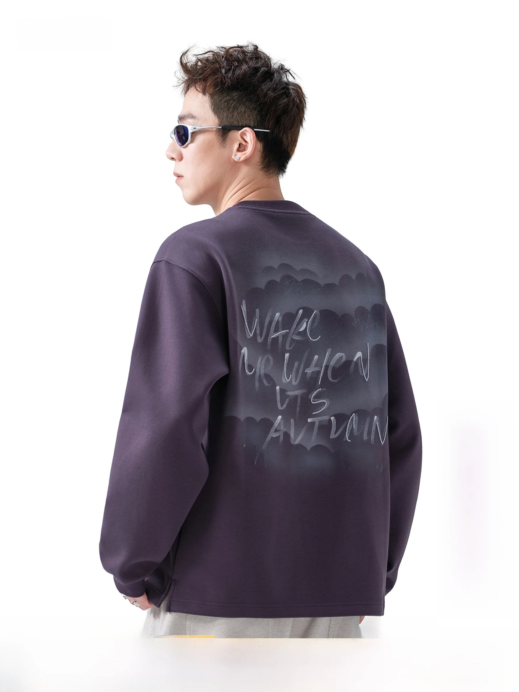 AOGZ American Letter Print Sweatshirt Loose Fit Long Sleeve Overhead Casual Lazy Style Unisex Cotton Polyester Blend Fabric