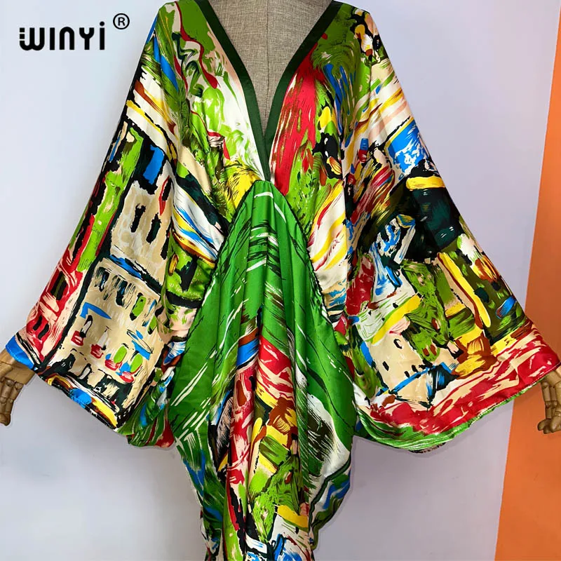 2023 WINYI Sexy Beach High-Quality Silk Feel Fashion Print Maxi Women's Robes Long V-Neck Bohemian Dress Party Evening Dress