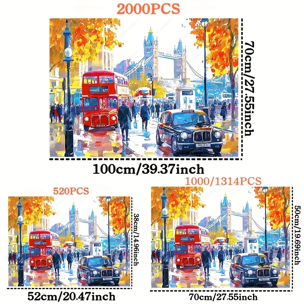 2000/1200/1000/500pcs Jigsaw Puzzles for Adults - Vibrant London Street Scene with Big Ben & Red Bus, High-Quality Paper, Por