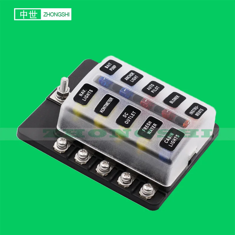 10 Way 12V Fuse Box 12Volt Blade Fuse holder  W Negative Busbar Waterproof Circuit breaker With LED Indicator 25A Hot Selling