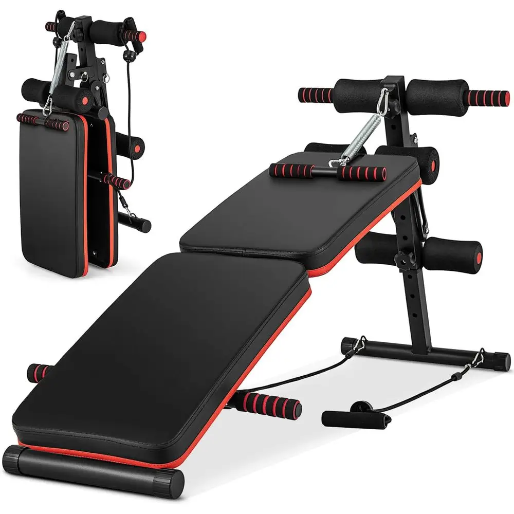 

Adjustable 7-in-1 Sit-Up Bench with Decline/Incline, 4-Position Height, Elastic Ropes, and Curved AB Board for Home Gym