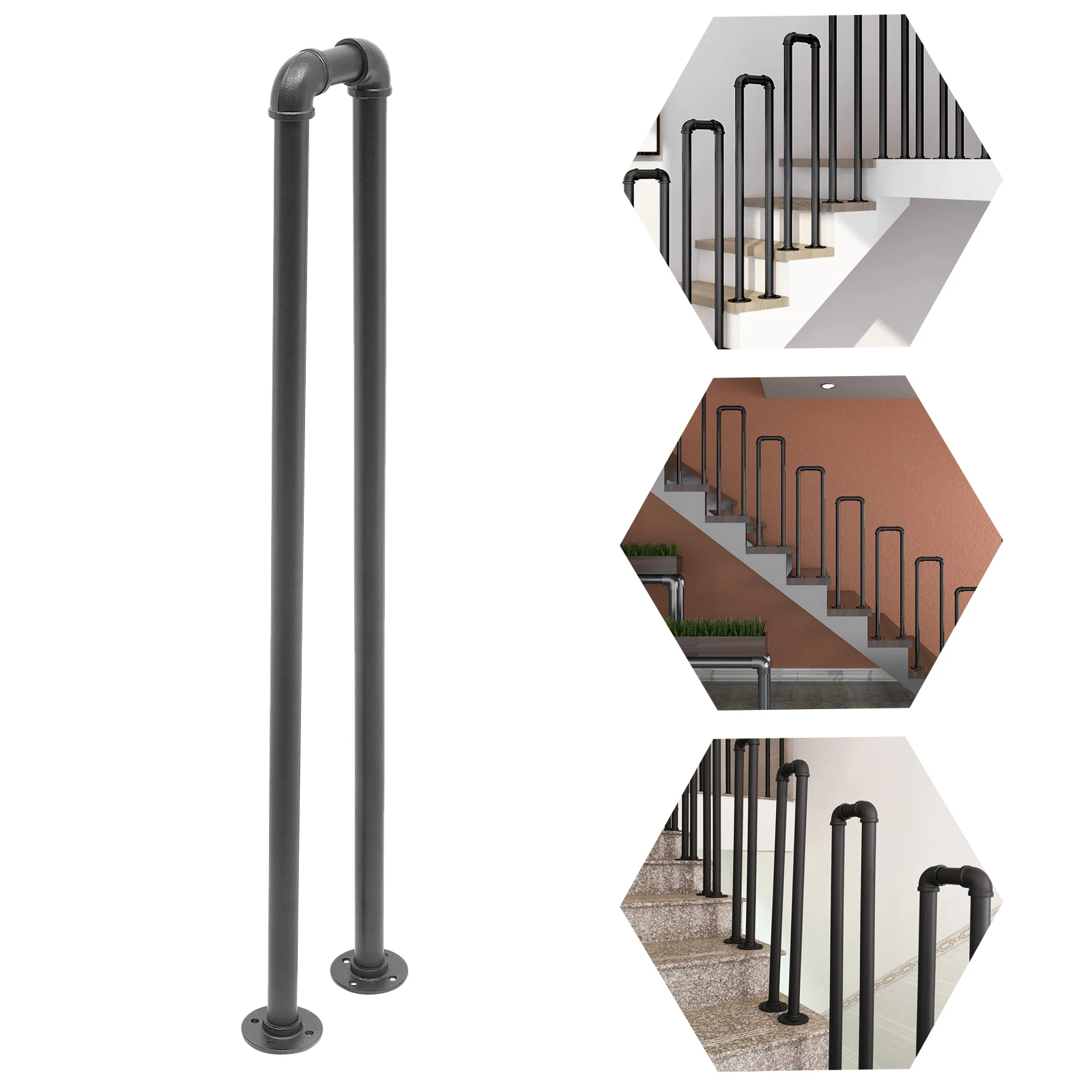 Stair Handrail Black U-Shaped Industrial Wrought Iron Railing Non-Slip Safety for Indoor or Outdoor