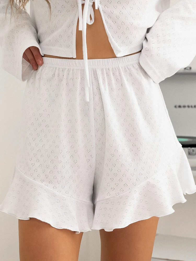 Hiloc Casual Pajamas For Women 2 Piece Sets Long Sleeve V Neck Lace Up Sleepwear Female Loose Suits With Shorts Summer 2024