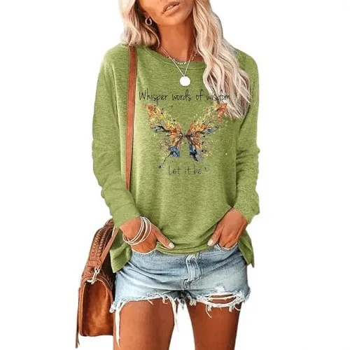 Casual Top Pullover Loose Fit with Round Neck Printed Pattern Long Sleeve Shirts Printing Dyeing Process T Shirts for Women