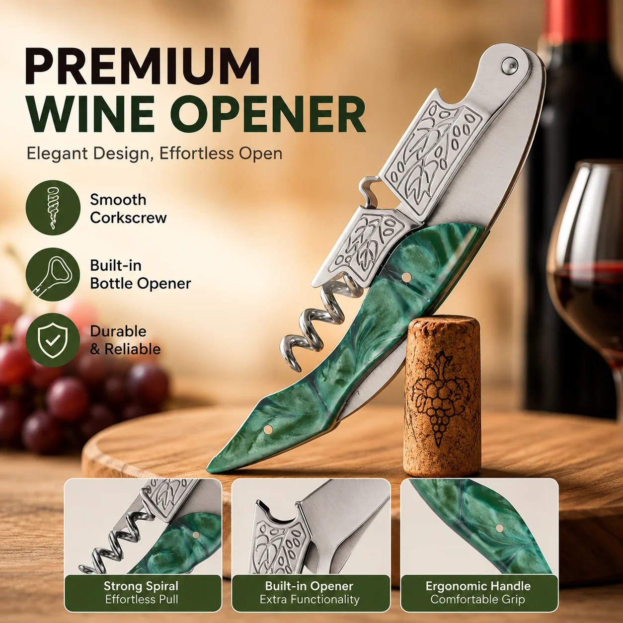 Seahorse Style Multi-function Corkscrew Opener, Stainless Steel Wine Beer Bottle Opener with Resin Grip Bar Tool Business Gift