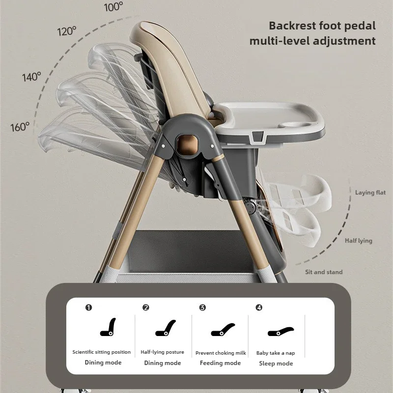 Baby dining chair, multifunctional dining table chair, adjustable height, one click adjustable, foldable, and reclining