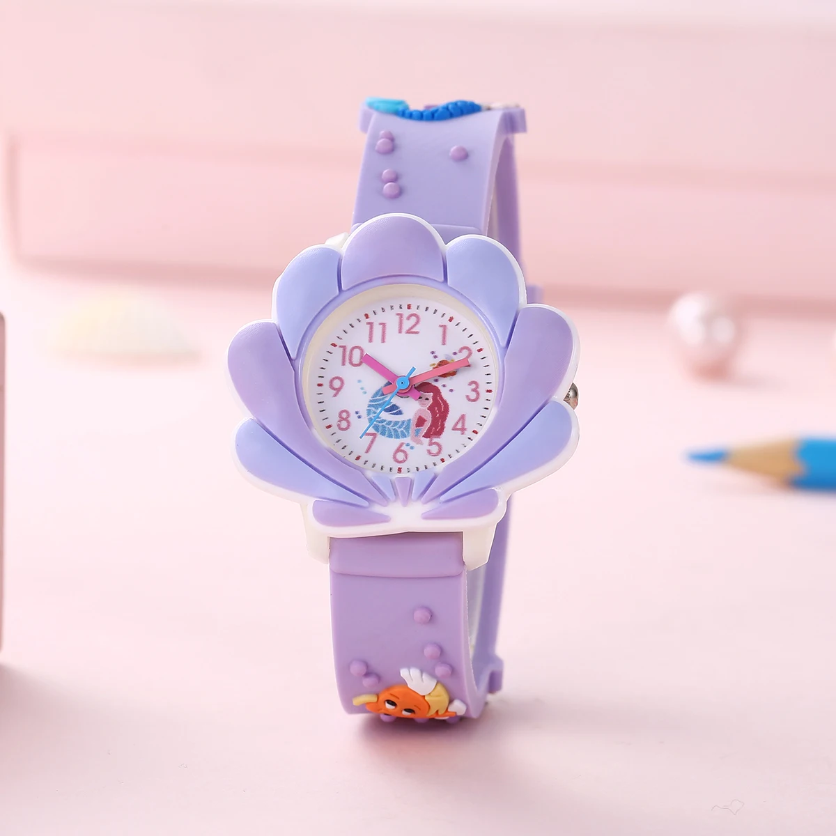 Kids Mermaid Learning Watch Glowing 3D Shell Design Hypoallergenic PVC Strap Girls' First Time Teaching Watch