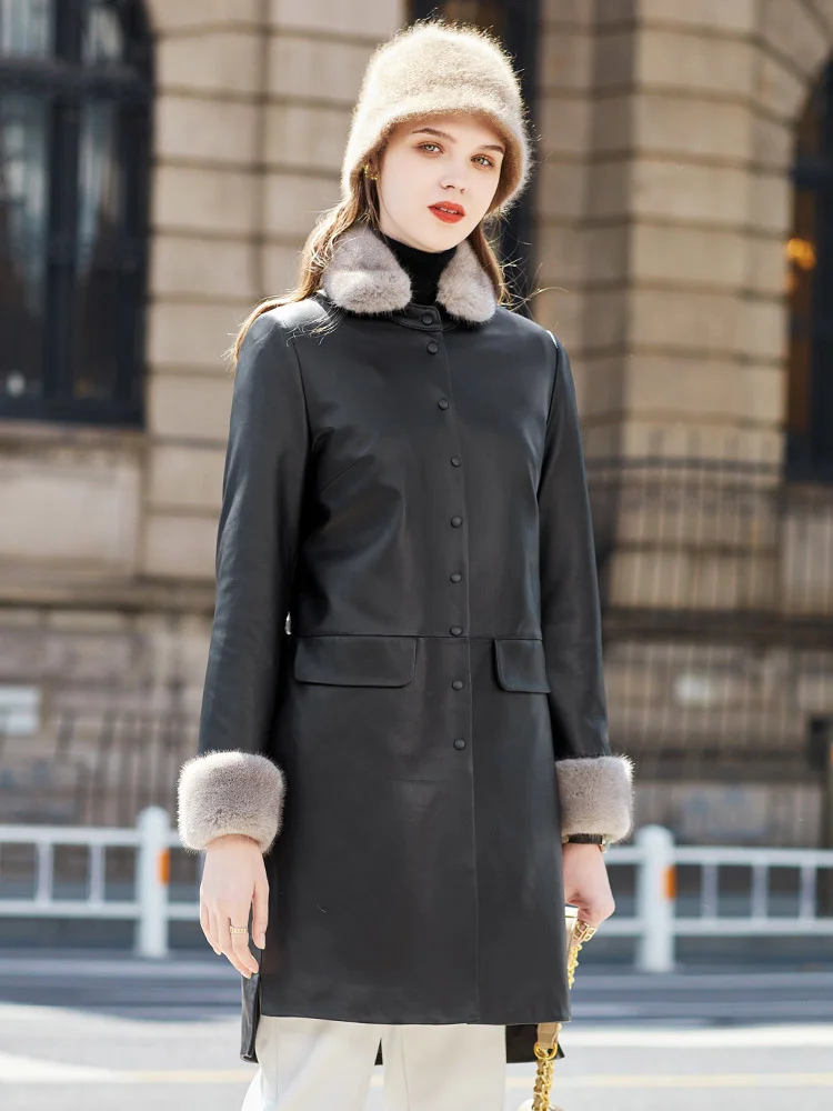 Classic Dismantling Patty Genuine Leather Down Coat Women's Mid length 2022 Winter Sheepskin Mink Collar Leather Coat