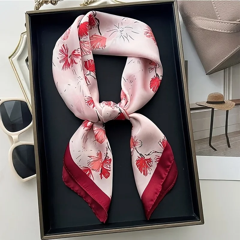 27.6インチ エレガントな花柄プリント スクエアスカーフ ソフトサテンネックスカーフ ファッションアクセサリー プロフェッショナル 多用途 小さなスカーフ