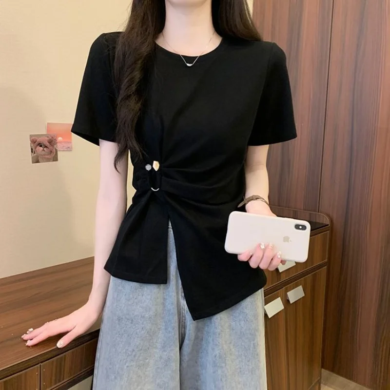 Black Twist Front Short Sleeve T Shirt Women Casual Loose Fit O Neck Tee Summer Lightweight Top for Daily Wear and Office