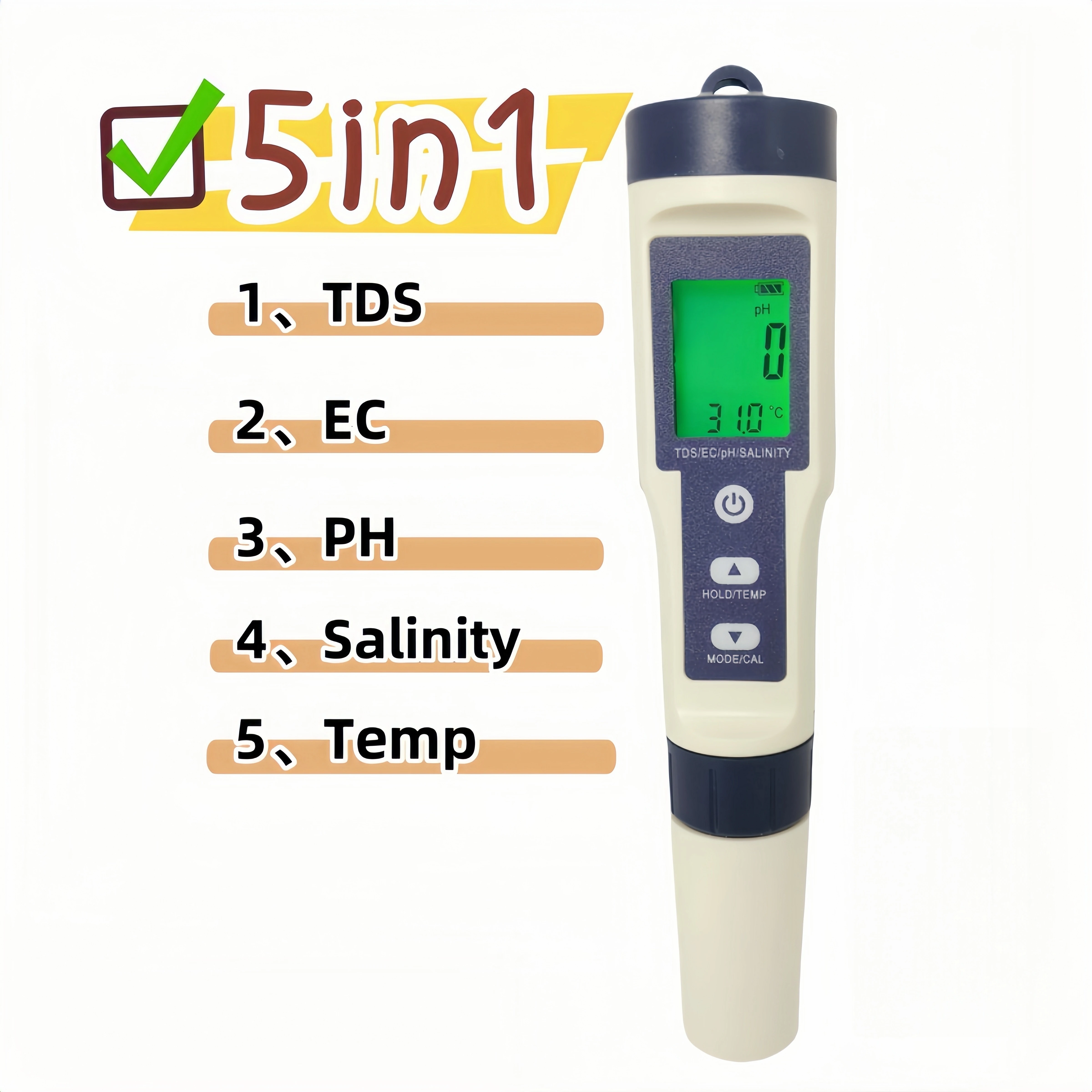 

Drinking Water Multifunction Water Quality Tester Pen 5 in 1 Temperature TDS EC PH Salinity Meter