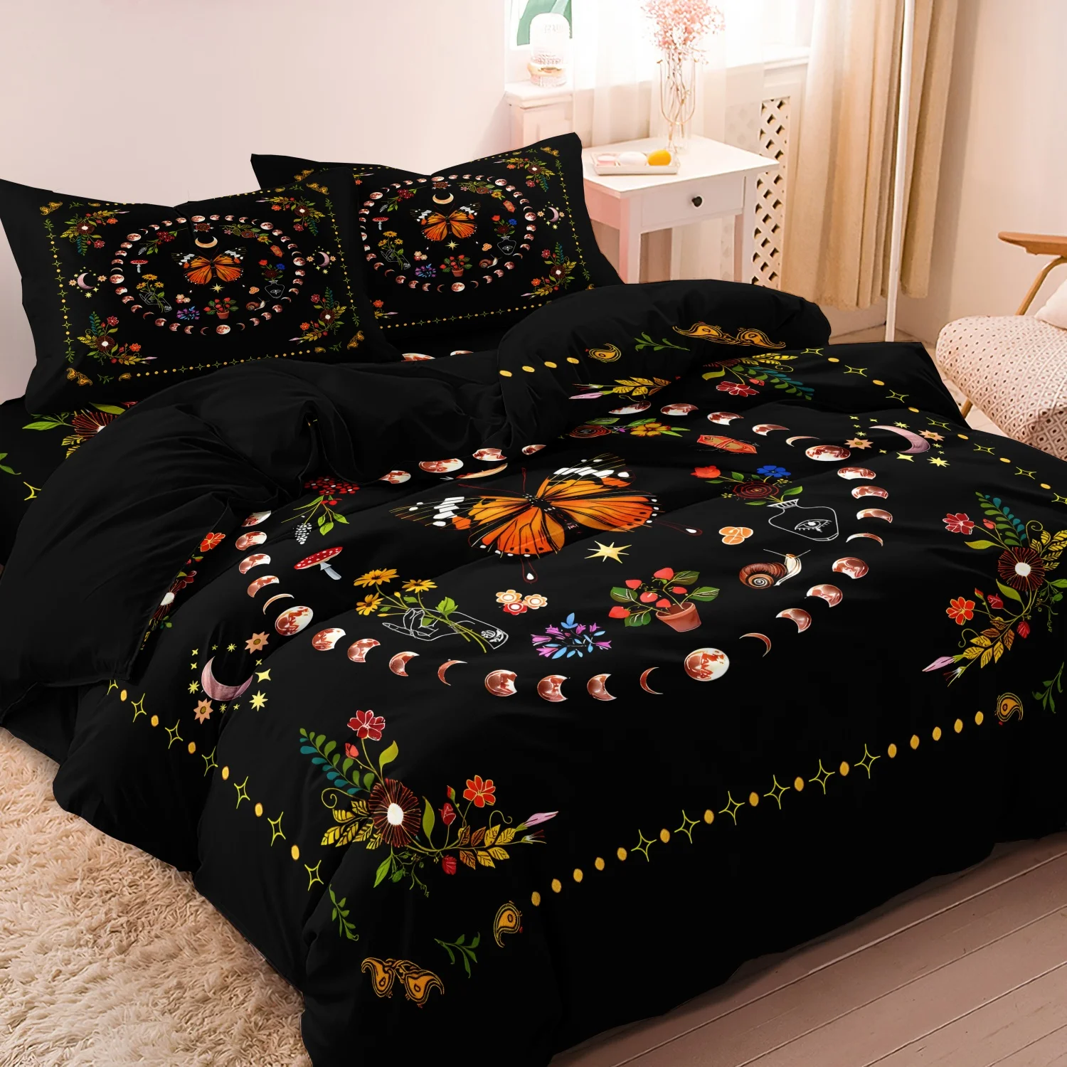 3pcs Plant And Flower Circle Digital Printing Duvet Cover,Orange Butterfly And Crescent Moon Starlight Design Bedding Set