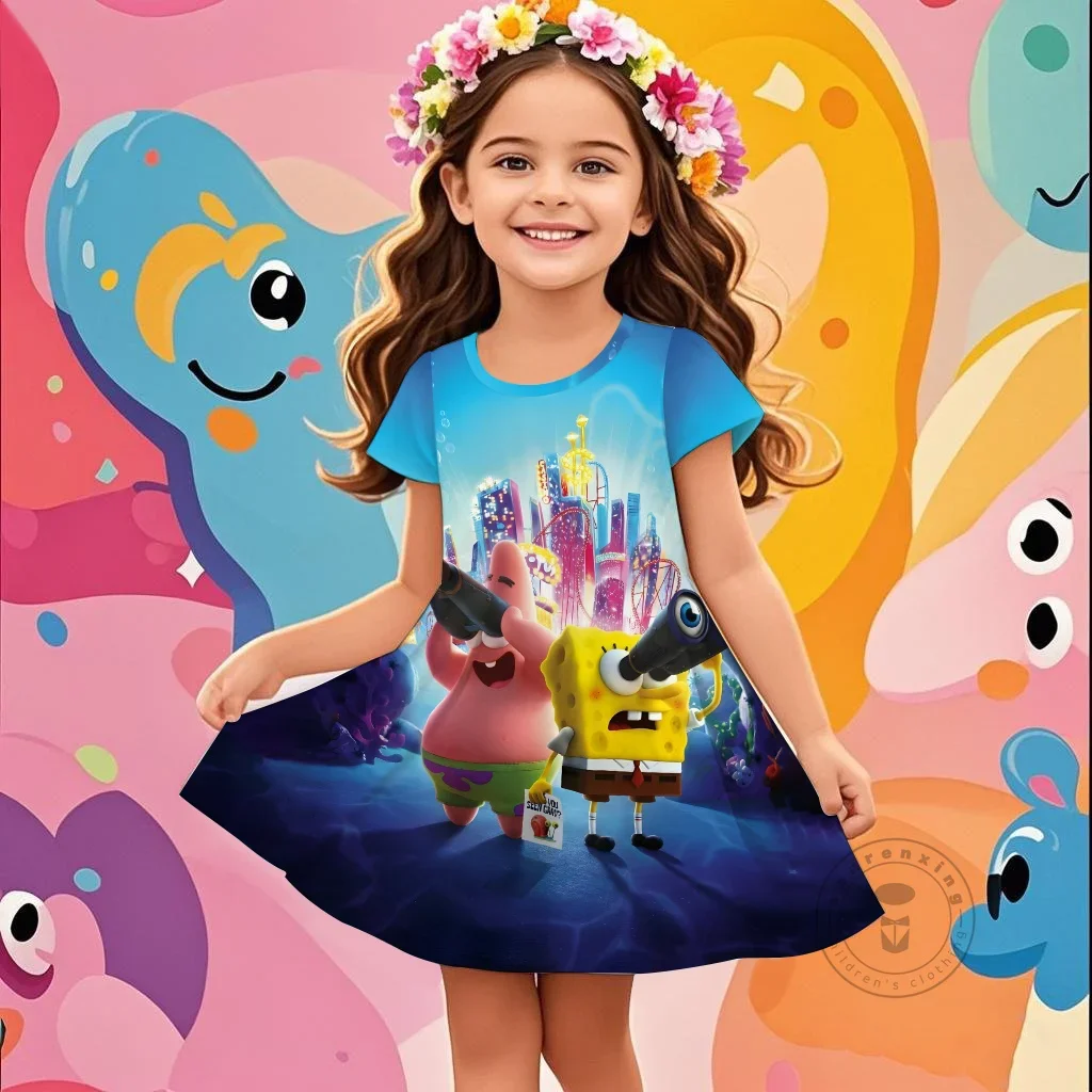 

New Summer Girls Dress SpongeBob 3D Printed Fashionable Cartoon Cute Princess Girls Clothes Skirt Party