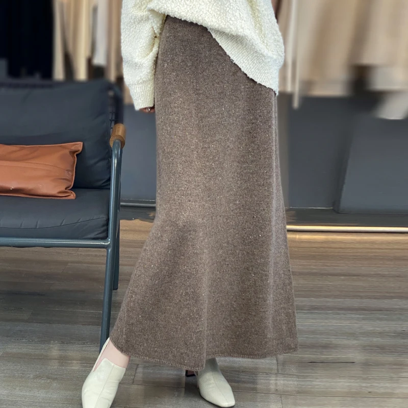 2024 outono/inverno nova casual lã pura malha meia saia para mulher, cintura alta, cor ponto solto médio a longo saia linha a